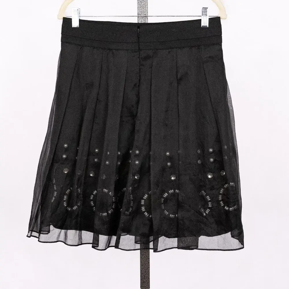 DKNY Sheer Black Silk Over Beaded Wool Skirt Size 2 Artsy Elegant Event Whimsy